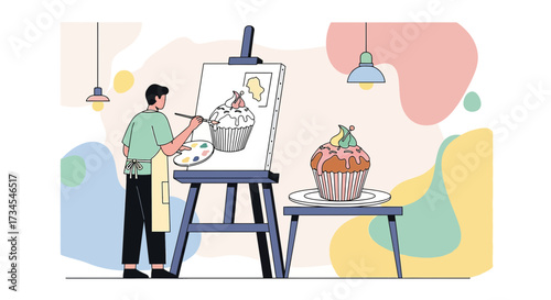 Illustration depicting a man painting a cupcake on a canvas in a colorful room setup