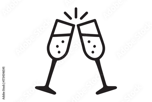 A minimalist line illustration of two champagne glasses clinking together, with splashes and celebratory elements