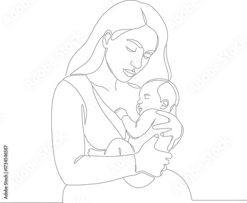 Minimalist Line Art Mother Holding Newborn Baby Illustration Drawing