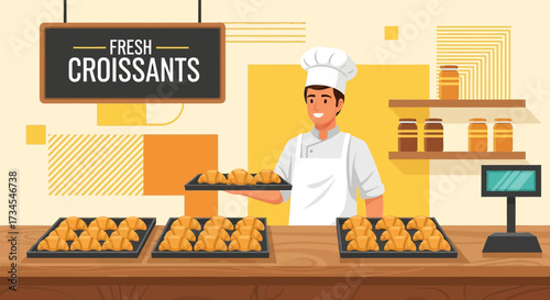 Illustration of a cheerful baker offering freshly baked croissants in his bakery shop