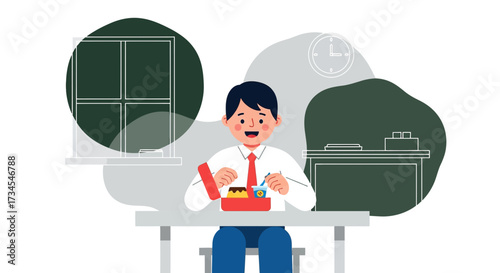 Illustration of a cheerful office worker enjoying his lunch break at his desk looking happy