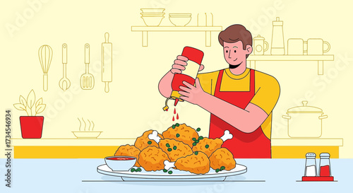 Illustration of a chef preparing crispy fried chicken with ketchup in a kitchen setting