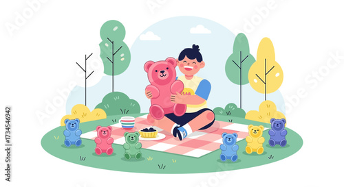 Illustration of a child having a picnic with gummy bears and a teddy bear at park