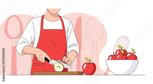 Illustration of a cook cutting apples on a wooden board in a kitchen setting for culinary creations