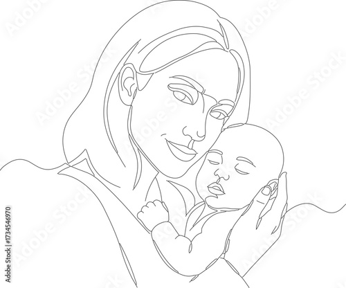 Minimalist Outline Mother and Child Embrace Line Art Illustration