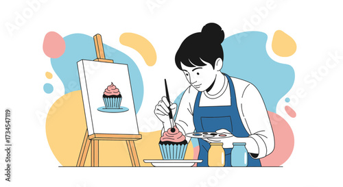 Illustration of a female artist painting a cupcake still life with an easel and brush