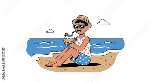 Illustration of a joyful man enjoying a coconut drink on a serene beach vacation scene
