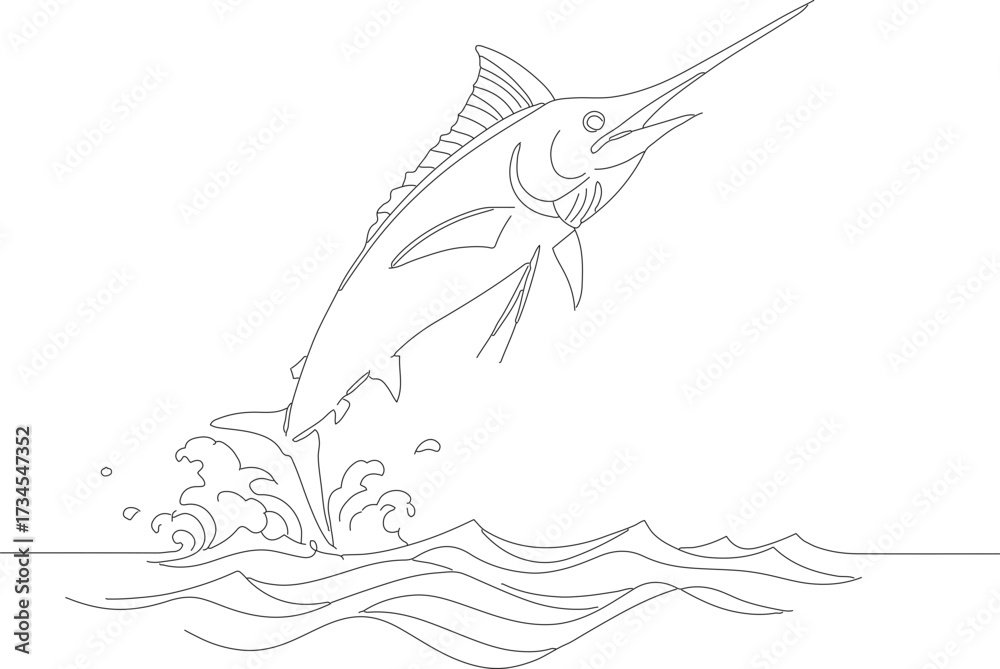 Fototapeta premium Black and White Line Art Leaping Marlin Illustration Animal Aquatic