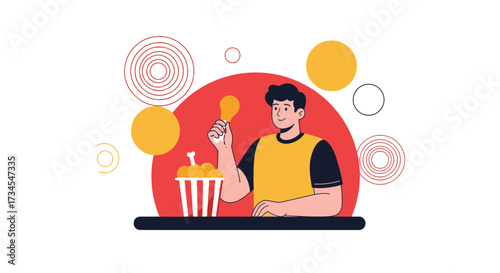 Illustration of a man enjoying fried chicken with an artistic background elements design