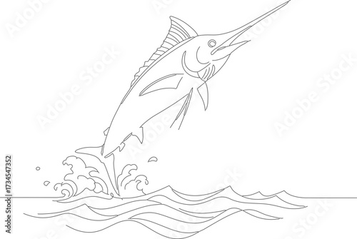 Black and White Line Art Leaping Marlin Illustration Animal Aquatic