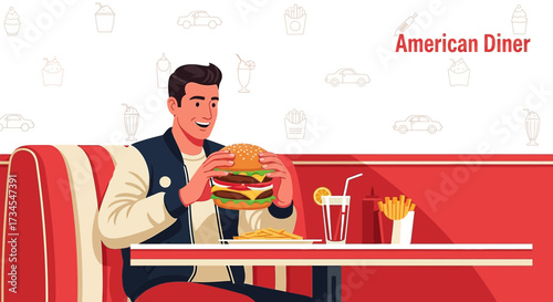 Illustration of a man enjoying a hamburger meal at a classic American diner setup