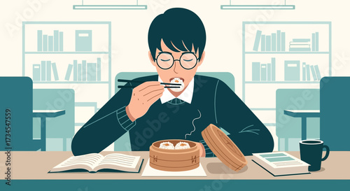 Illustration of a man in glasses eating dim sum with chopsticks at his desk in an office environment