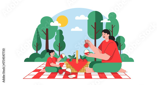 Illustration of a mother and daughter enjoying a picnic with lychees in the park happy moment