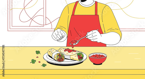 Illustration of a person adding sauce to burritos, showcasing food preparation and cooking style,