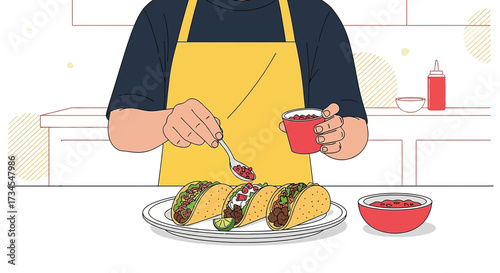 Illustration of a person in a yellow apron preparing tacos with a spoon and small container full
