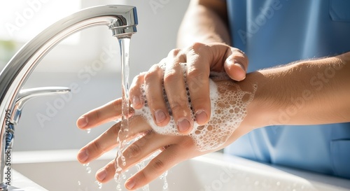 A person wearing blue scrubs carefully washes their hands with soap and water from a chrome faucet.