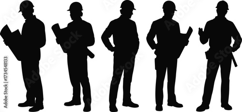 Silhouette of construction engineers and supervisors holding blueprints, project plans, and overseeing building site work, foreman and architect illustration in construction management