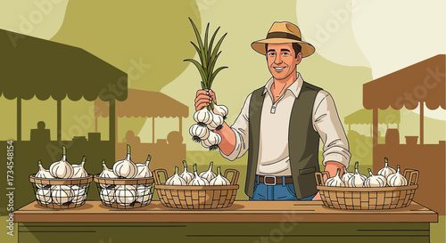 Illustration of a smiling farmer selling fresh garlic at a local outdoor market stand