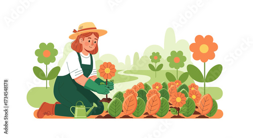Illustration of a smiling gardener planting flowers in a vibrant garden scene happy and fulfilling