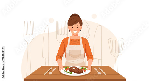 Illustration of a smiling woman chef presenting a delicious steak dish with vegetables ready to