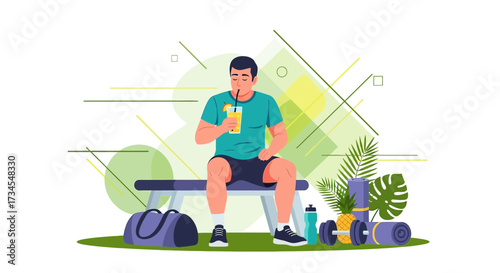 Illustration of a sporty man enjoying a refreshing drink after workout session on a bench