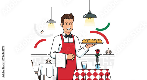 Illustration of a Smiling Waiter Serving Bread in a Quaint Italian Restaurant Setting