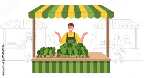 Illustration of a smiling vendor at a farmers market selling fresh spinach bundles in crates