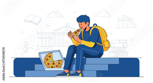 Illustration of a student eating pizza on campus with books and university background perfect for