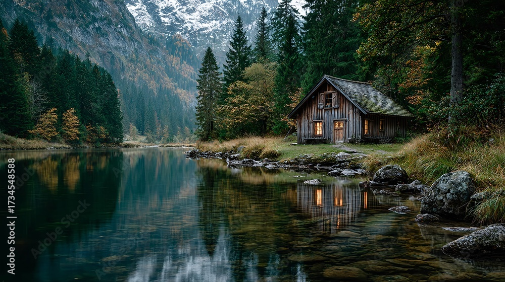 Fototapeta premium Radiant Watercourse Reflecting Forest Wilderness with Cabin – Immersive Nature Visual for Eco-Tourism and Digital Wellness Campaigns