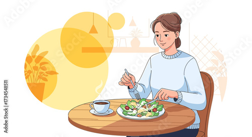 Illustration of a woman enjoying a healthy lunch with salad and coffee at a cafe