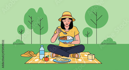 Illustration of a woman enjoying a peaceful picnic lunch in a serene park setting