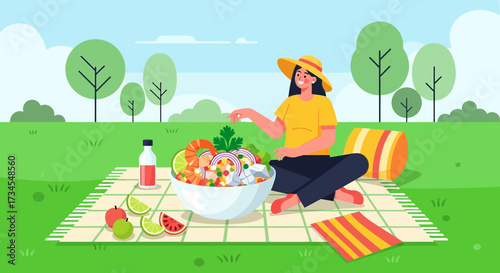 Illustration of a woman enjoying a picnic with a healthy ceviche in a green park