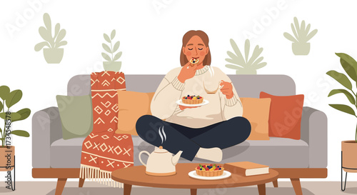 Illustration of a woman enjoying a relaxing afternoon with tea and fruit tart at home on her couch