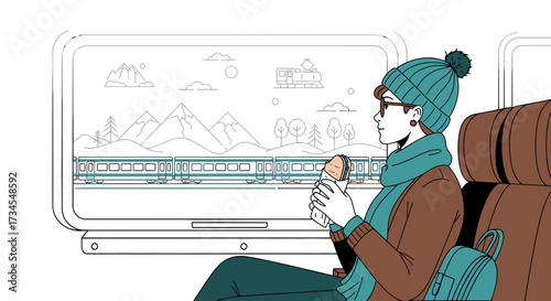 Illustration of a woman enjoying a scenic train ride with a sandwich in hand artwork