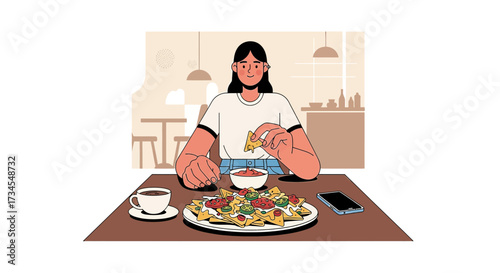 Illustration of a woman enjoying nachos with salsa in a cozy cafe setting lifestyle
