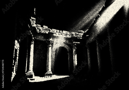 Ancient ruins in sci-fi scene with dotwork retro style. Mysterious gate debris with dramatic lights and retro texture