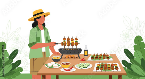 Illustration of a woman grilling and preparing food for a backyard barbecue with tropical plants