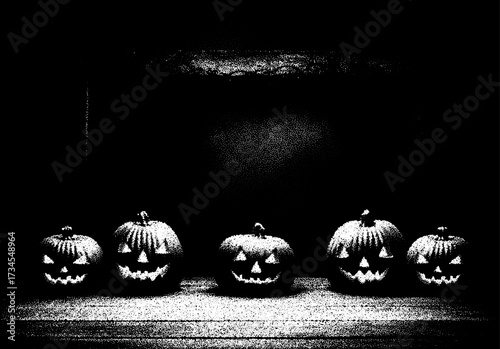 Halloween pumpkin in the dark in retro dotwork style. Mysterious Halloween Jack in vintage style.