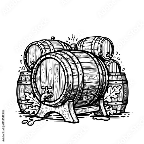 A black and white vintage illustration of wooden barrels for aging beer or wine, with one featuring a spigot.