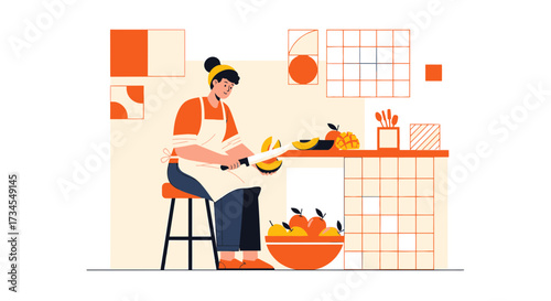 Illustration of a woman slicing a mango in a modern kitchen setting with geometric elements