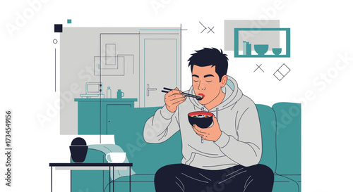 Illustration of a young man enjoying a meal in his apartment enhancing a cozy ambiance