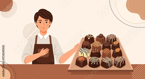 Illustration of confectioner with chocolates, showcasing delicious variety of sweets