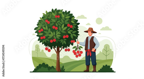 Illustration of farmer harvesting lychee fruits in orchard on a sunny day with field background
