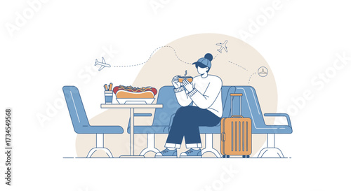 Illustration of traveler eating a hotdog at the airport lounge while waiting for flight departure