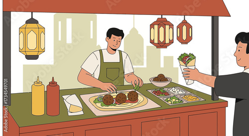Illustration showcasing a falafel stand vendor serving a wrap with decorative lanterns
