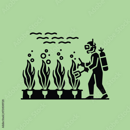 Gardener in protective gear watering potted plants with a spray bottle in a lush outdoor garden setting