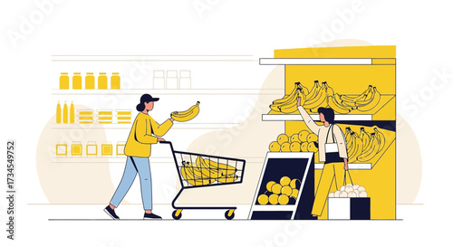Illustration showcasing people shopping for fresh fruits in a modern supermarket aisle