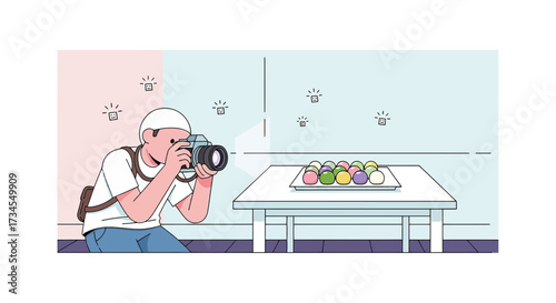 Illustrative image of a photographer capturing delightful dango on a table with camera and studio