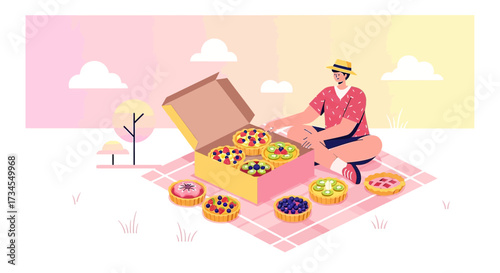 Illustrative picnic scene with a man enjoying a variety of colorful fruit tarts on a blanket