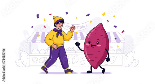 Joyful food festival illustration with a smiling man and a cute sweet potato character